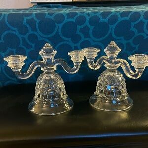 Pair Elegant Vintage Fostoria Clear Glass Candle Holders